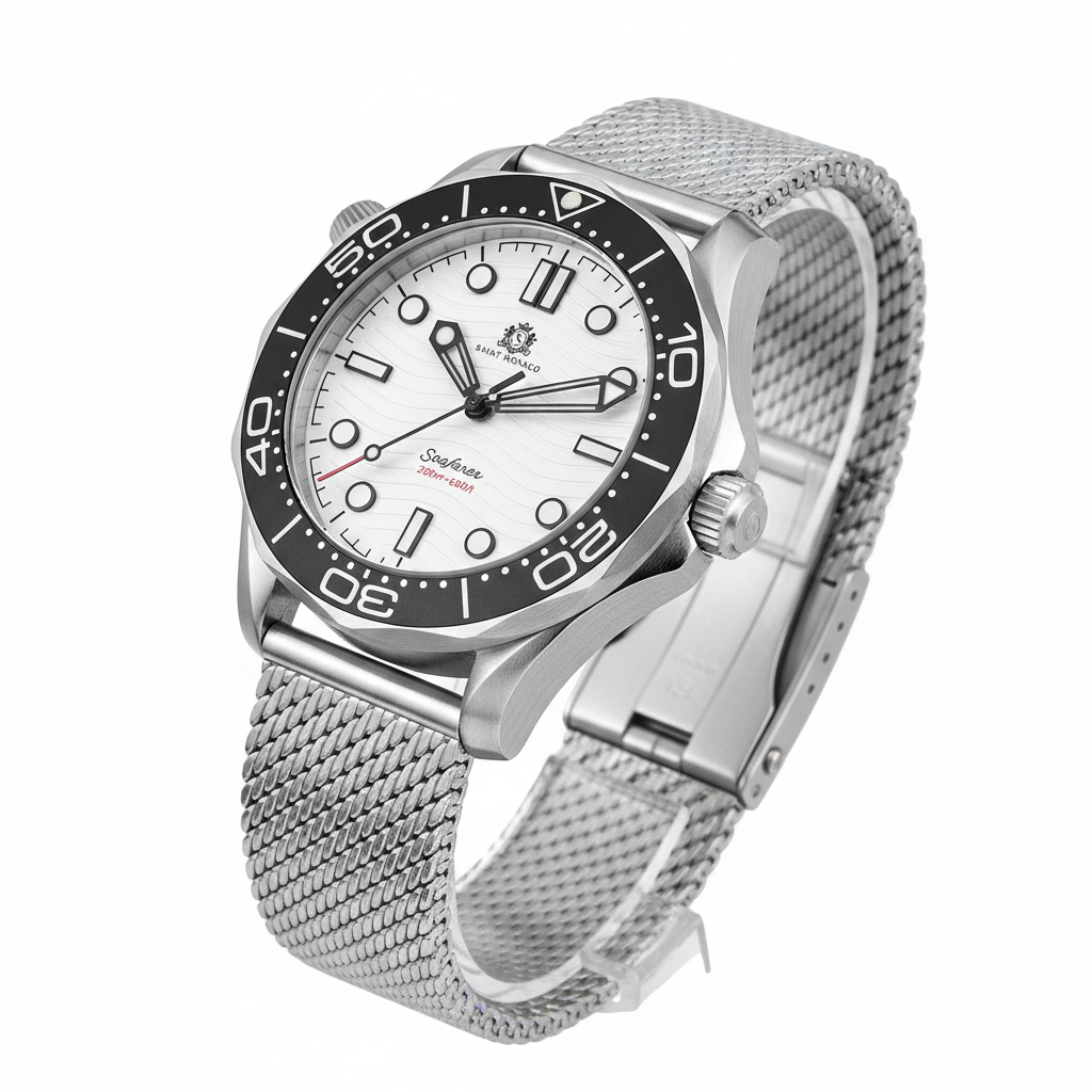 DIVER 007 — Mesh White Wave / Enamel Wave Dial